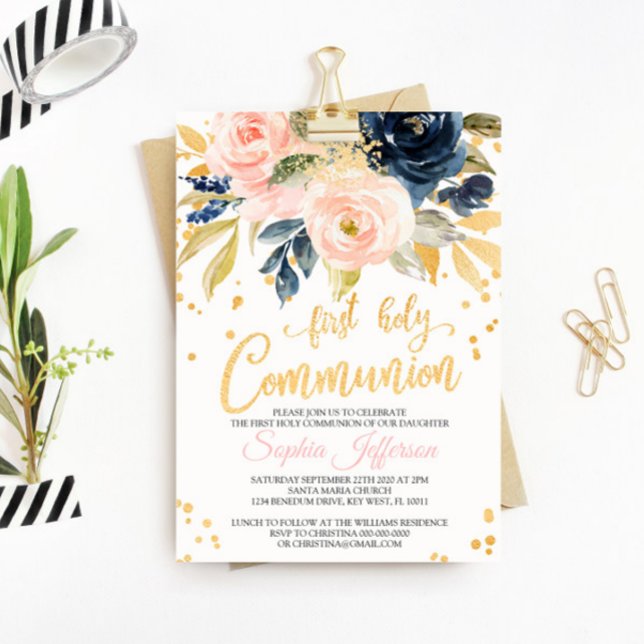 Blush Pink, Navy & Gold First Holy Communion Invitation (Creator Uploaded)
