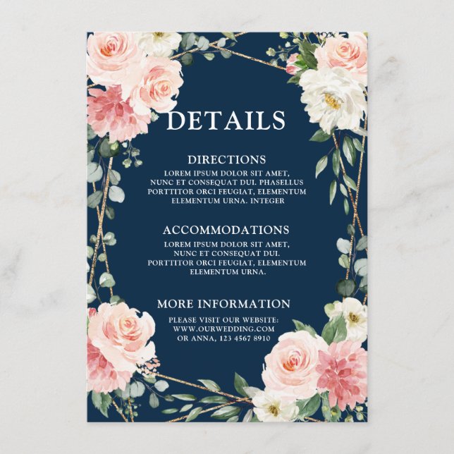 Blush Pink Navy Gold Geometric Botanical Wedding Enclosure Card (Front)