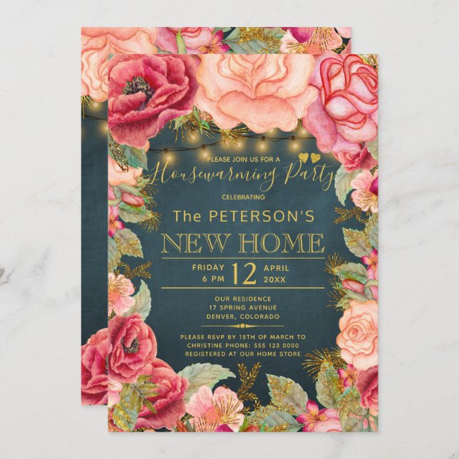Blush pink navy gold lights housewarming party invitation (Front/Back)