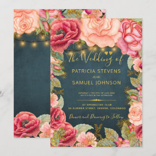 Blush pink navy gold romantic garden wedding invitation