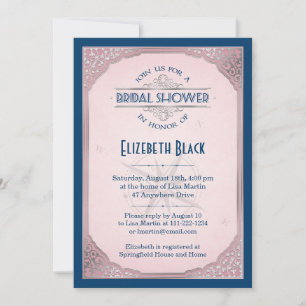 Blush Pink Navy Silver Vintage Frame Bridal Shower Invitation