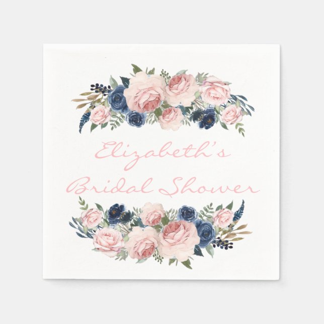 Blush Pink Navy Watercolor Peony Wedding Napkin (Front)