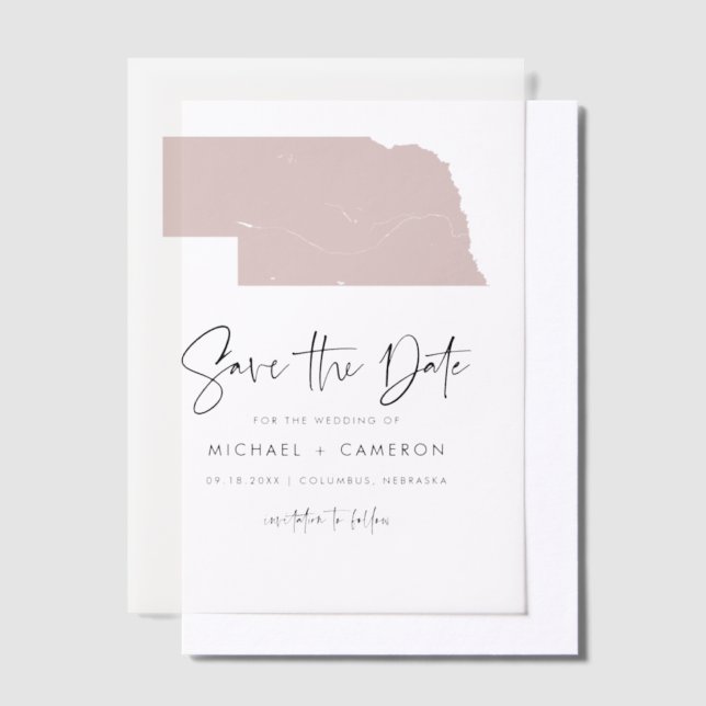 Blush Pink Nebraska Map Minimalist Save the Date Vellum Invitations (Offset)