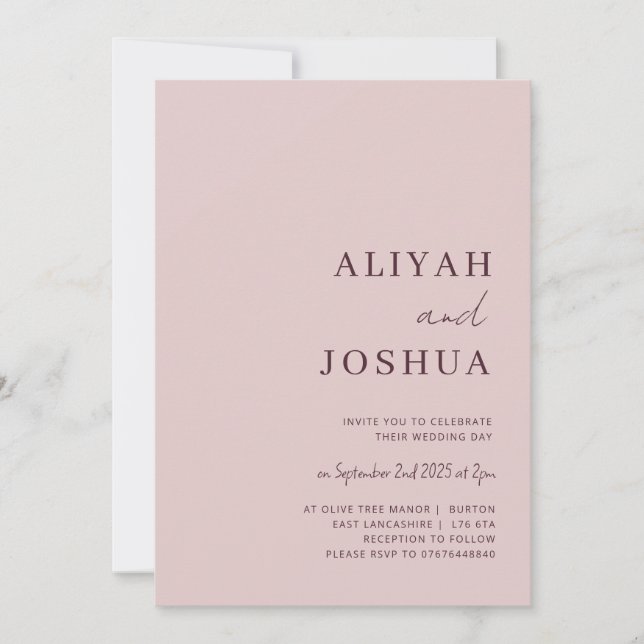 Blush Pink Neutral minimalist wedding invitation (Front)