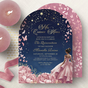 Blush Pink Night Sky Butterflies Quinceanera Invitation