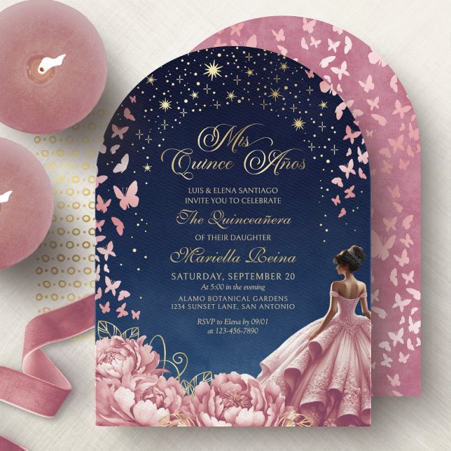 Blush Pink Night Sky Butterflies Quinceanera Invitation (Creator Uploaded)