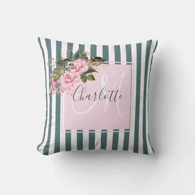 Blush pink ocean stripes floral monogram  cushion (Front)