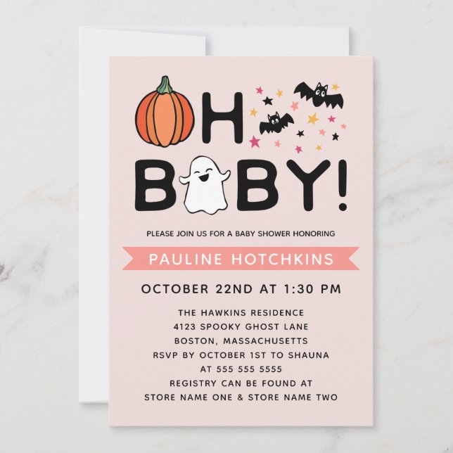 Blush Pink Oh Baby Pumpkin Halloween Baby Shower Invitation (Front)