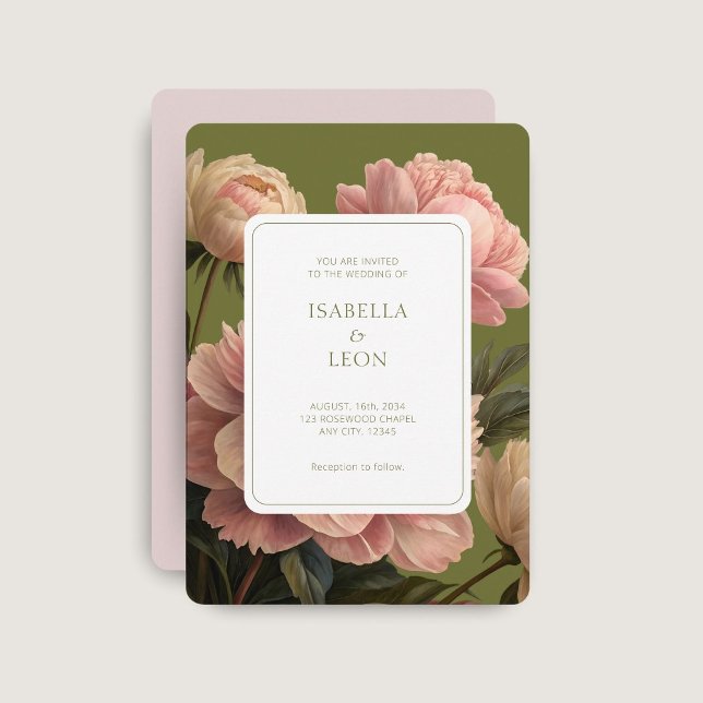 Blush Pink | Olive Green Vintage Rose Wedding  Invitation (Creator Uploaded)