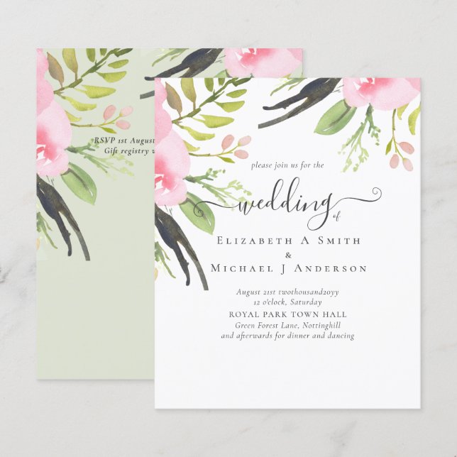 Blush Pink Olive Quality Budget Wedding Invitation (Front/Back)