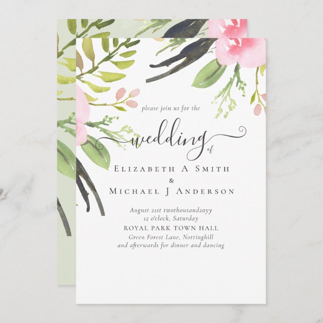 Blush Pink Olive Quality Wedding Invitation (Front/Back)