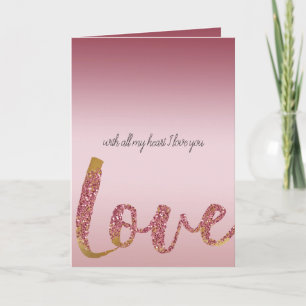 Blush Pink Ombre Glitter Gold Red Love Card