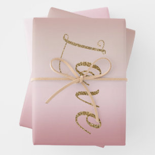 Blush Pink Ombre Gold Glam Glitter Love Wrapping Paper Sheet
