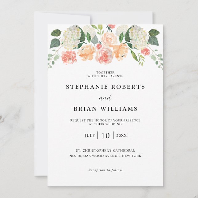 Blush Pink orange floral watercolor wedding Invitation (Front)