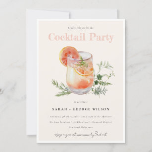 Blush Pink Orange Watercolor Cocktail Pool Party Invitation