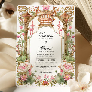 Blush Pink Oriental Lotus Flower Wedding  Invitation