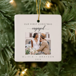 Blush Pink Our First Christmas As Engaged Photo Ceramic Ornament