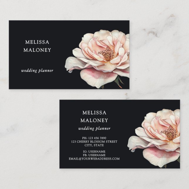 Blush Pink Painted Rose Black Business Card (Front/Back)