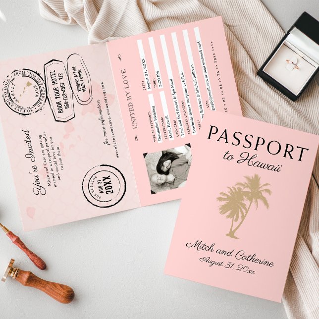 Blush Pink Palm Tree Hawaii Passport Wedding Invitation (Creator Uploaded)