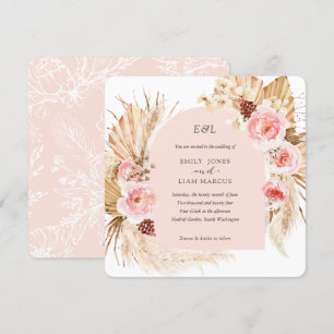 Blush pink Pampas Grass Boho Floral Square wedding Invitation