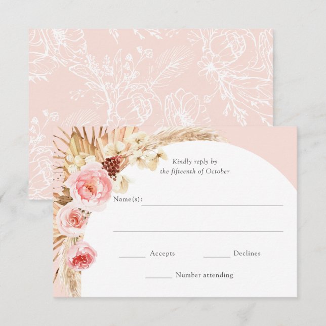 Blush Pink Pampas Grass Boho Floral Wedding RSVP Card (Front/Back)