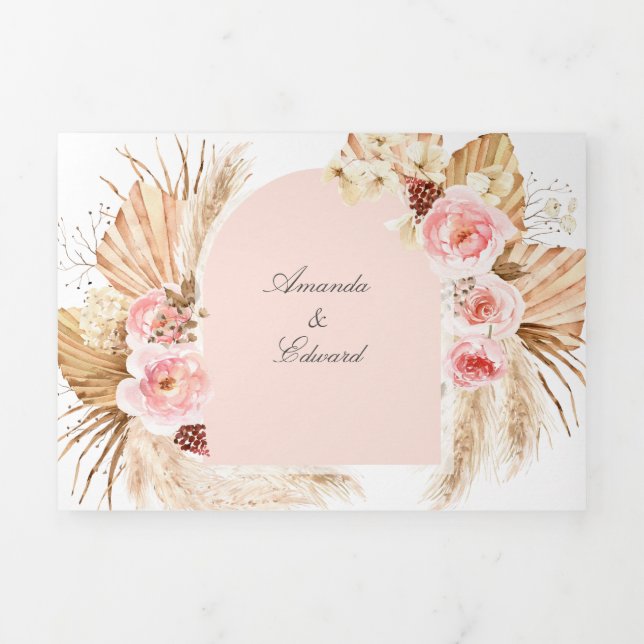 Blush Pink Pampas Grass Modern Boho 3 in 1 Tri-Fold Invitation (Cover)