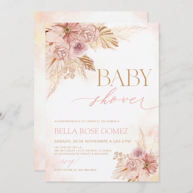 Blush Pink Pampas Grass Spanish Baby Shower Invite (Front/Back)