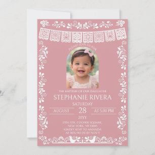 Blush Pink Papel Picado Baptism Girl Photo Invitation