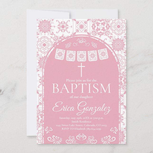 Blush Pink Papel Picado Baptism Invitation (Front)