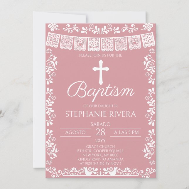 Blush Pink Papel Picado Baptism Invitation (Front)