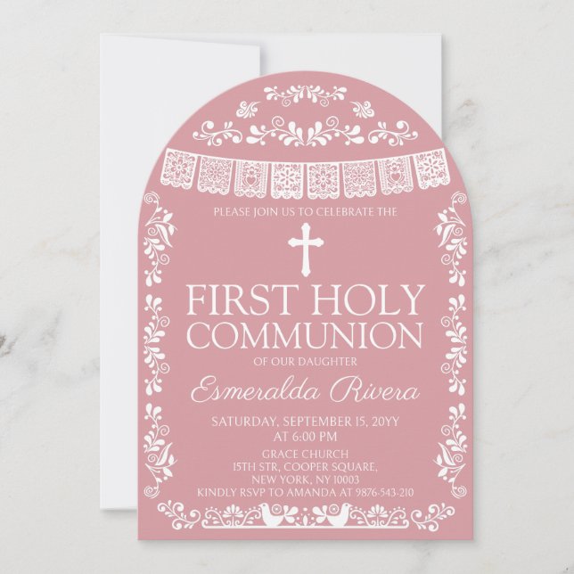 Blush Pink Papel Picado First Holy Communion Arch Invitation (Front)