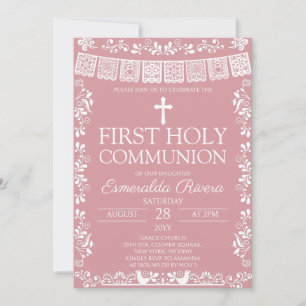 Blush Pink Papel Picado First Holy Communion Invitation