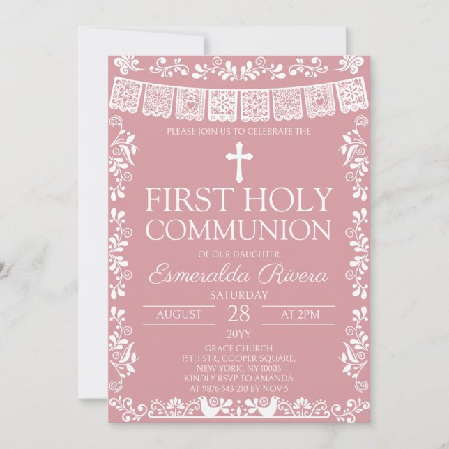 Blush Pink Papel Picado First Holy Communion Invitation (Front)