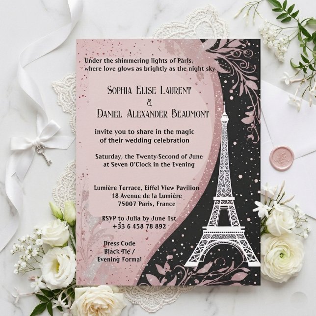 Blush Pink Parisian Night Silver Romantic Wedding Invitation (Blush Pink Parisian Night Silver Romantic Wedding Invitation)
