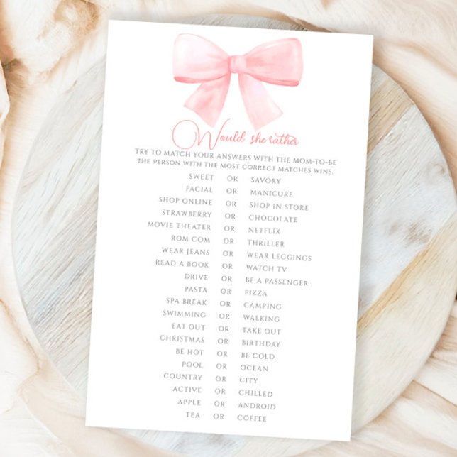 Blush Pink Pastel Bow Baby Shower Would She Rather (Creator Uploaded)