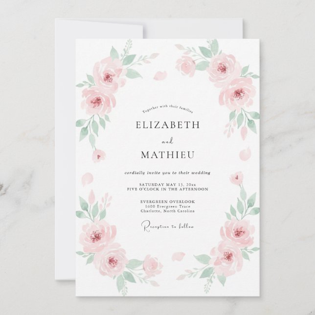 Blush Pink Pastel Floral Wedding Invitation (Front)