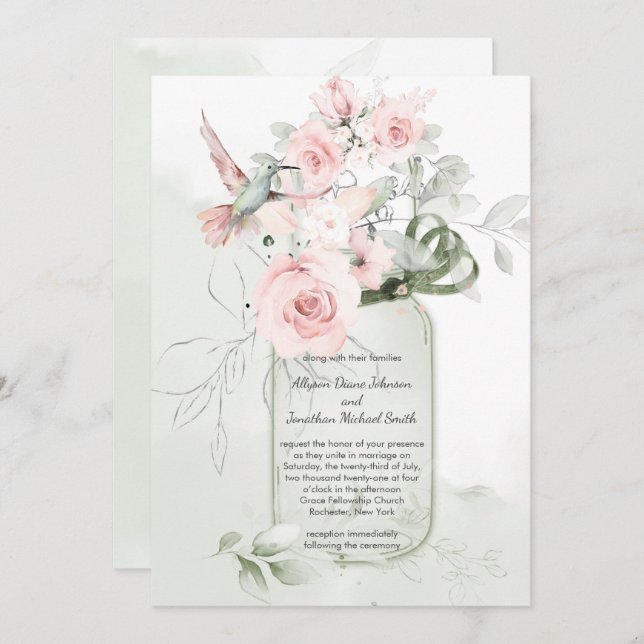 Blush Pink Pastel Green Roses Mason Jar Wedding Invitation (Front/Back)