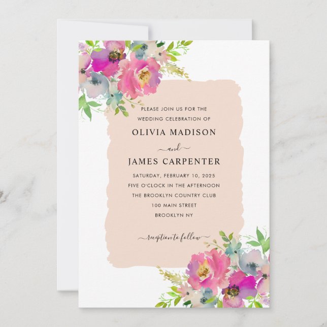 Blush Pink Peach Floral Botanical Spring Wedding Invitation (Front)