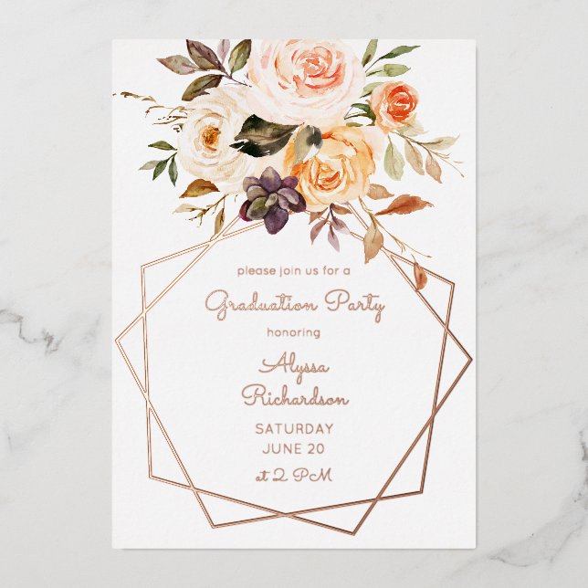 Blush Pink & Peach Floral Frame Graduation Party F (Front)