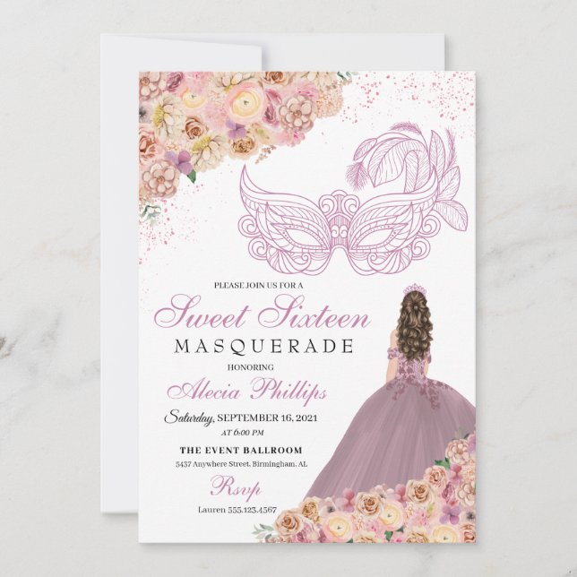 Blush Pink Peach Floral Masquerade Birthday Invitation (Front)