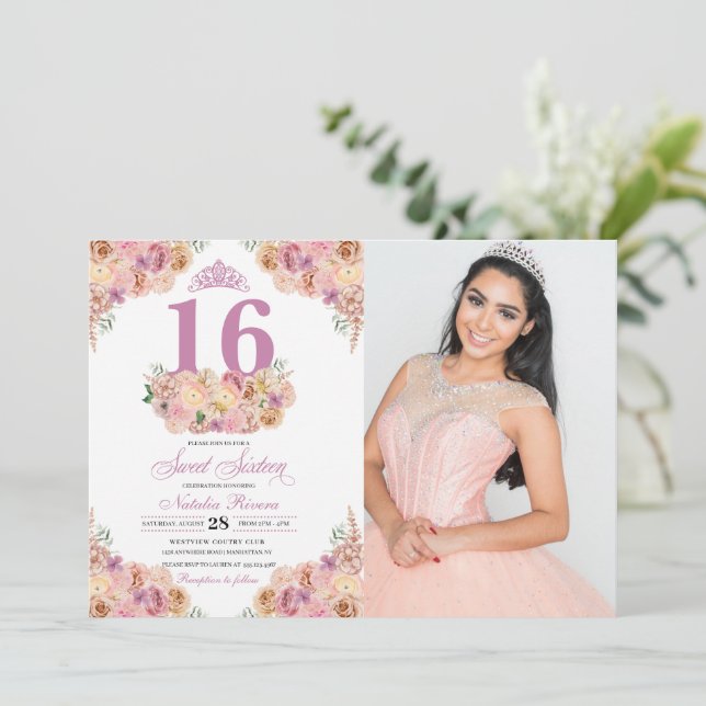 Blush Pink Peach Floral Sweet 16 Birthday Photo Invitation (Standing Front)