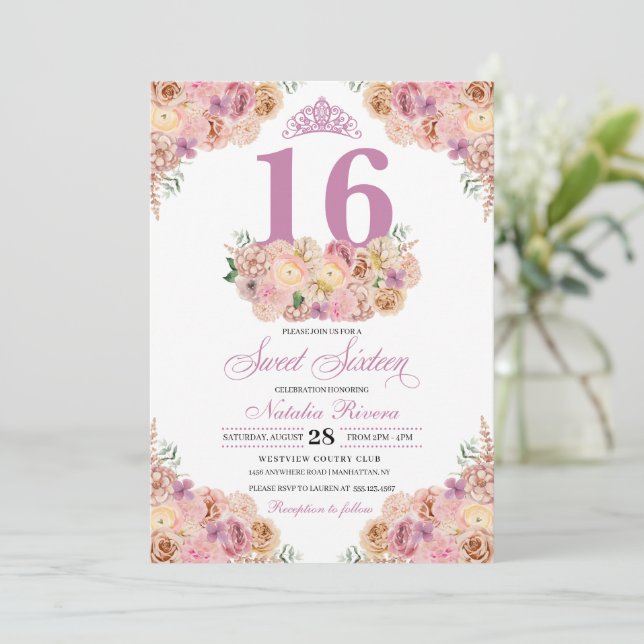 Blush Pink Peach Floral Sweet Sixteen Birthday Inv Invitation (Standing Front)