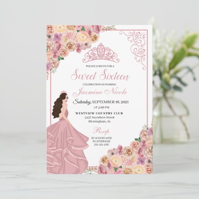 Blush Pink Peach Floral Sweet Sixteen Birthday Invitation (Standing Front)