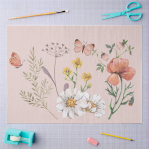 Blush Pink Peach Floral Wildflower Decoupage Tissue Paper