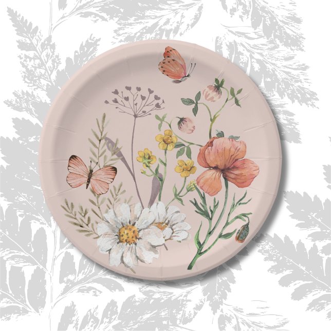 Blush Pink Peach Floral Wildflower Round Paper Plate (Creator Uploaded)