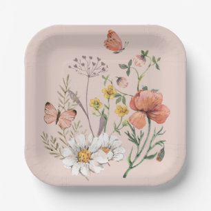 Blush Pink Peach Floral Wildflower Square Paper Plate