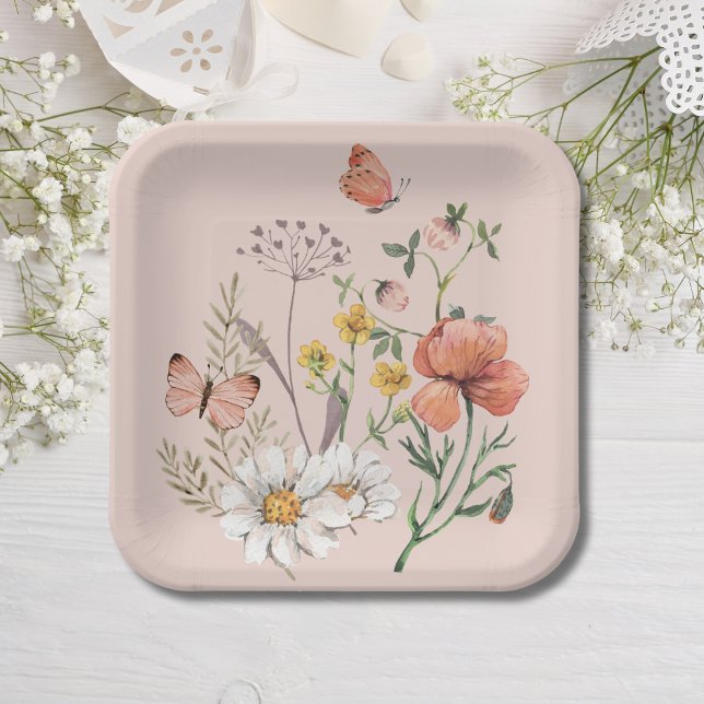 Blush Pink Peach Floral Wildflower Square Paper Plate (Creator Uploaded)