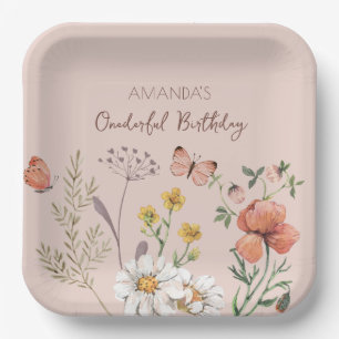 Blush Pink Peach Floral Wildflower Square Paper Plate