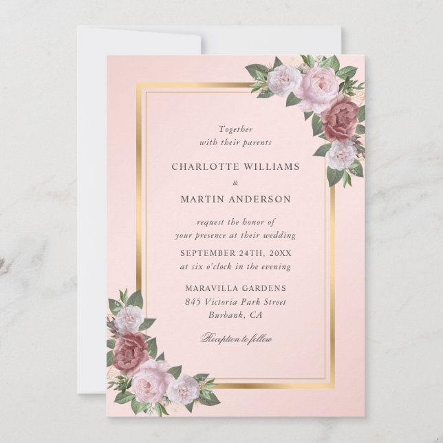 Blush Pink Peach Gold Floral Wedding Invitation (Front)
