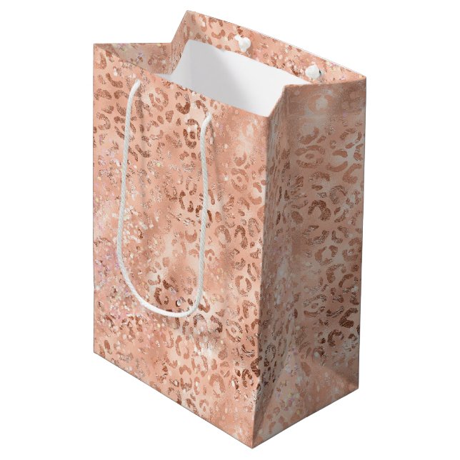 Blush Pink Peach Leopard Print Sparkle Medium Gift Bag (Front Angled)